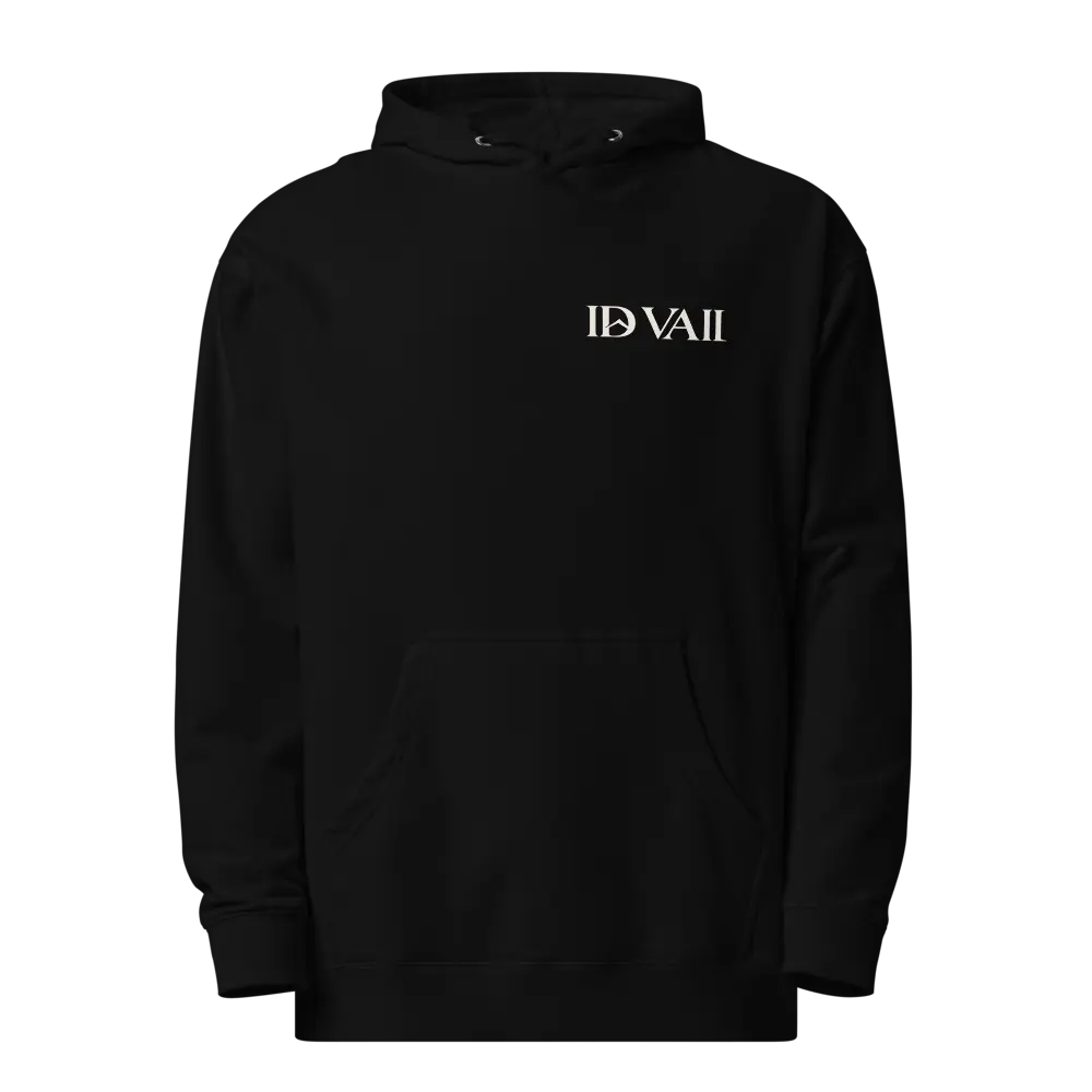 ID VAIL Premium Hoodie in black, front view with the ID VAIL chest logo