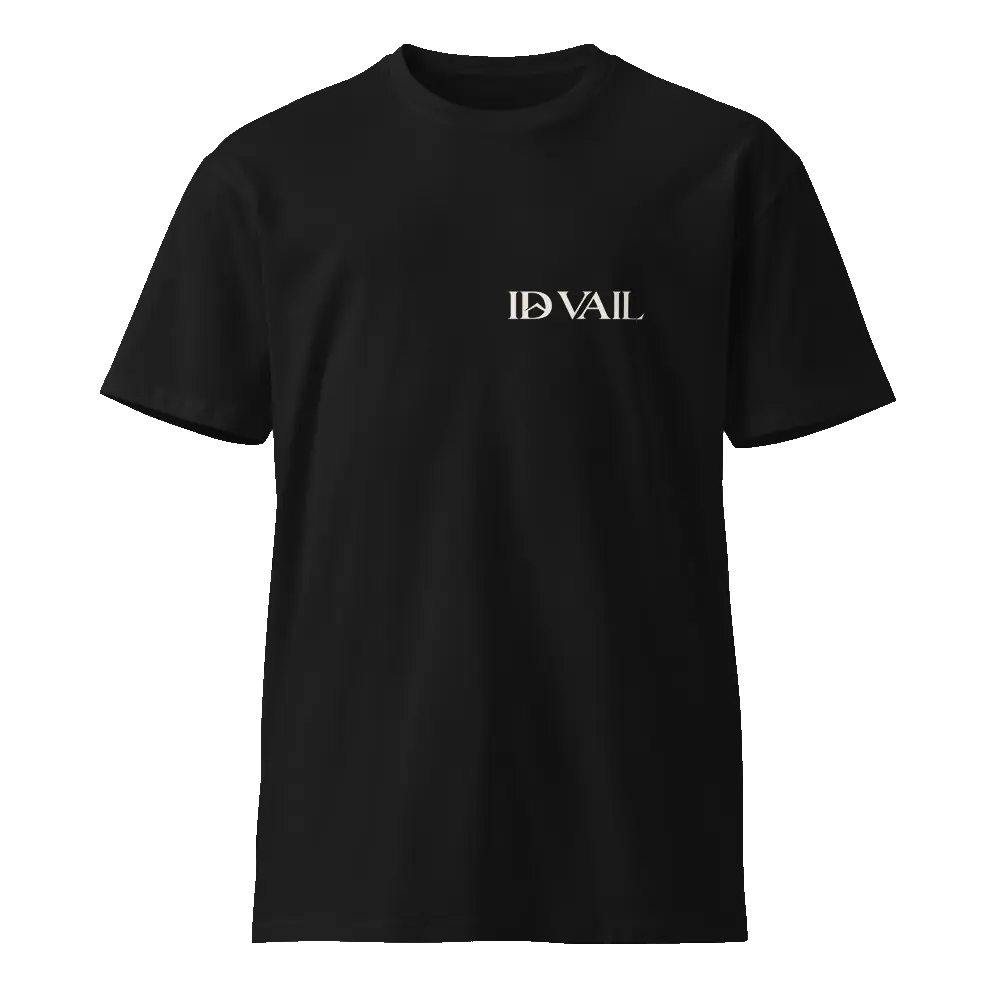 ID VAIL Premium Tee in black, front view with the ID VAIL chest logo