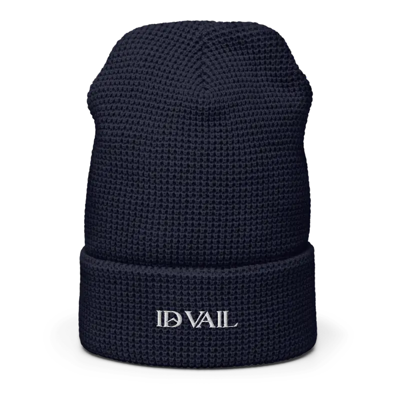 ID VAIL Waffle Beanie in navy, front view with ID VAIL embroidery on the cuff